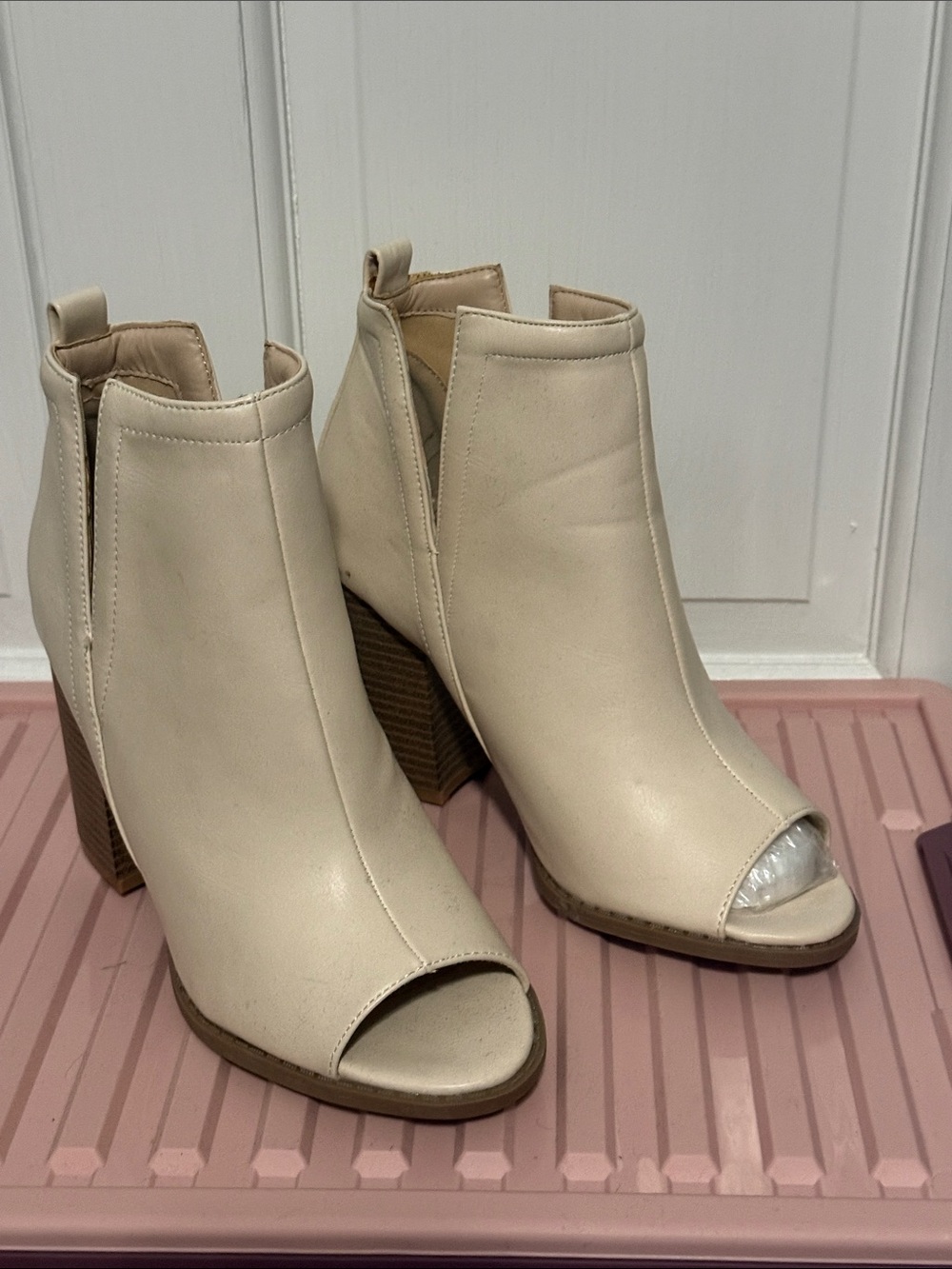 Pink Lily Cream Peep-Toe Block Heel Ankle Boots